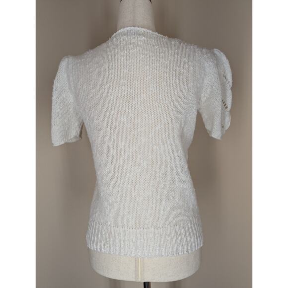 Vintage 80s Alicia Puff Sleeve Sweater Women Small Ivory Pastel Open Knit - Picture 3 of 7